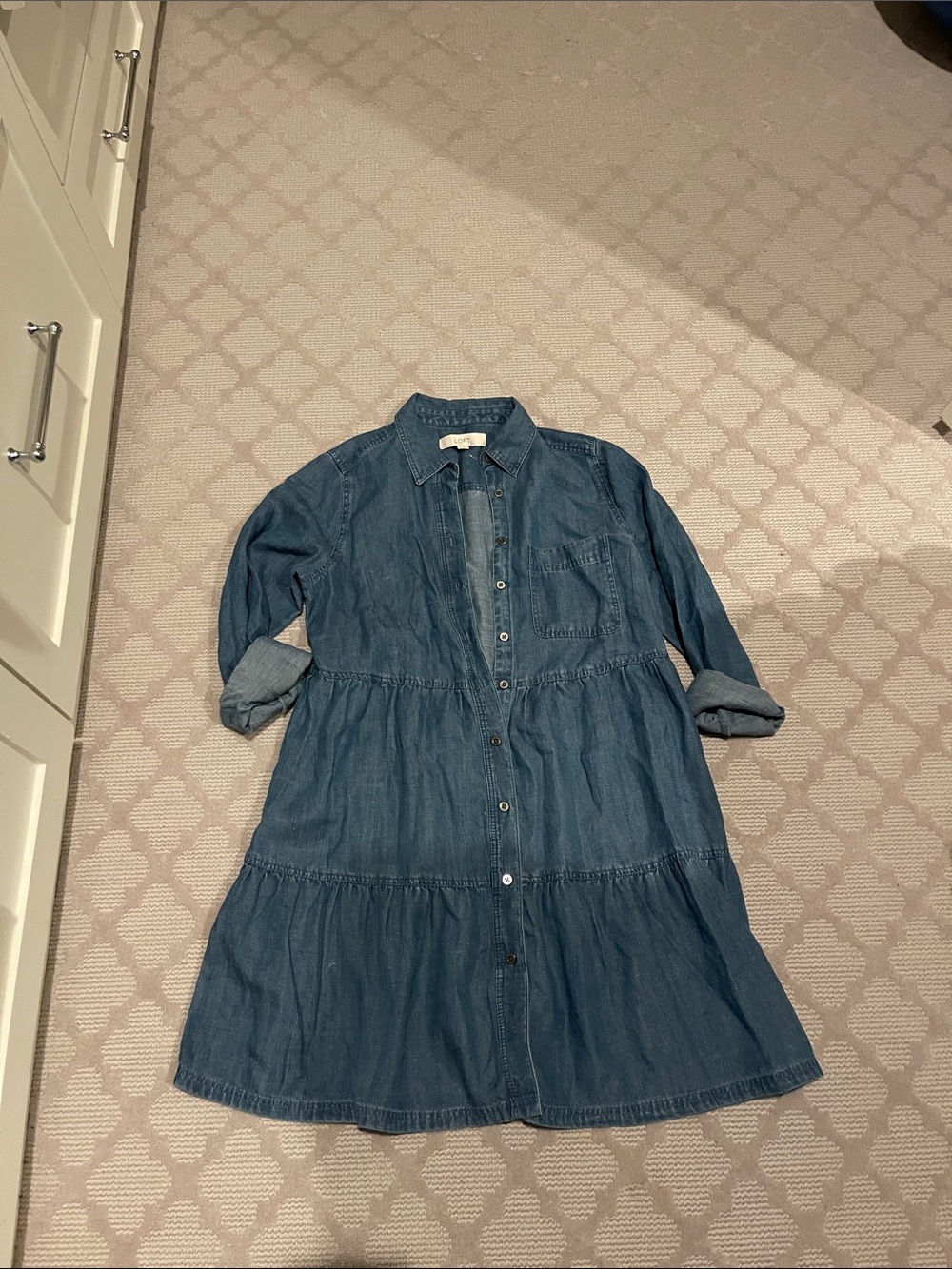 LOFT Denim Blue Button-Front Tiered Shirt Dress